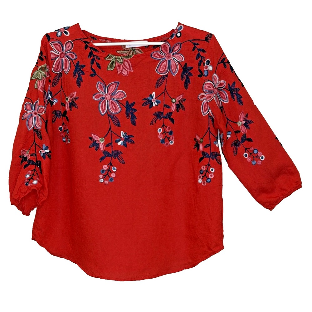 Ana & Rose Pullover Top Womens XL Red Floral Embroidered Round Neck 3/4 Sleeve